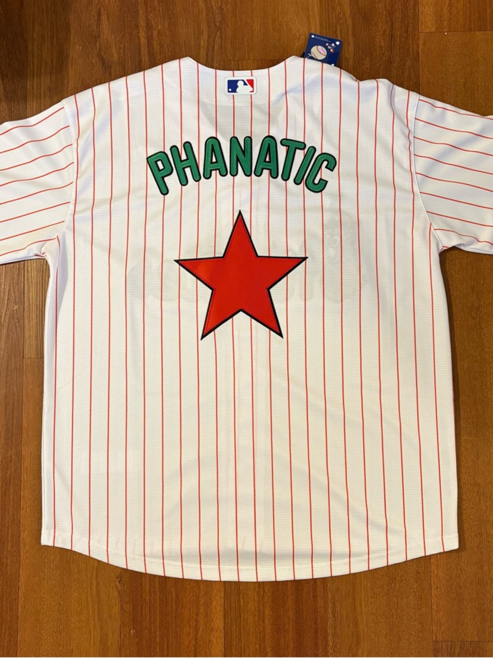 Nike White Pinstripe Phillies Phanatic Jersey with Green Mascot - Picture 7 of 9